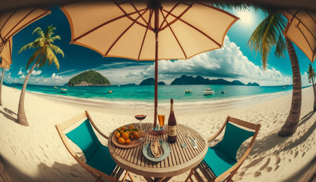 Summer beach by the sea,beach chair and umbrella, summer vacation concept. Generative Ai.の素材