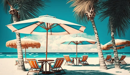 Summer beach by the sea,beach chair and umbrella, summer vacation concept. Generative Ai.の素材