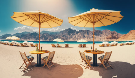 Summer beach by the sea,beach chair and umbrella, summer vacation concept. Generative Ai.の素材