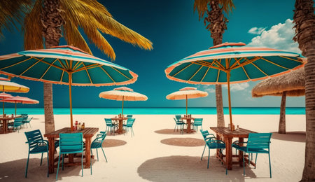 Summer beach by the sea,beach chair and umbrella, summer vacation concept. Generative Ai.の素材