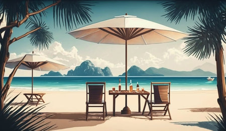 Summer beach by the sea,beach chair and umbrella, summer vacation concept. Generative Ai.の素材