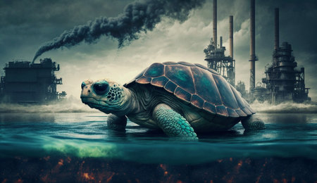 turtle standing looking at toxic fumes from a petrochemical refinery at sunrise. Generative AI.の素材