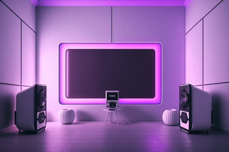 Recording studio with neon lights in projection. Generative AI.の素材