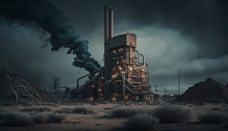 Chimney and black smoke above chemical industry at sunset. AI Generative.の素材
