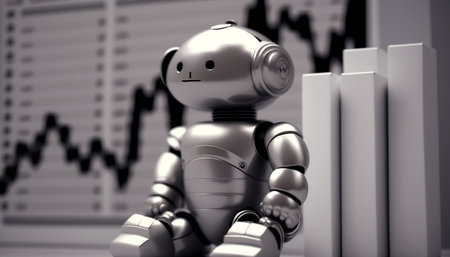 Bank and robot icons on graph chart background. Generative AI.の素材