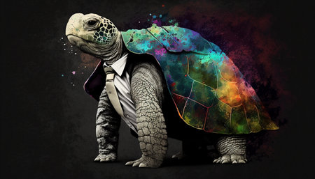 Turtle in a suit on a black background. AI Generative.の素材