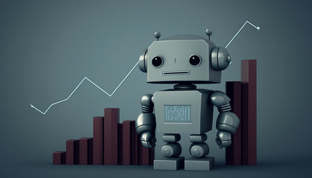 Bank and robot icons on graph chart background. Generative AI.の素材