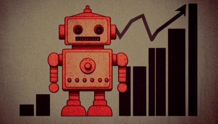 Bank and robot icons on graph chart background. Generative AI.の素材