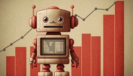Bank and robot icons on graph chart background. Generative AI.の素材