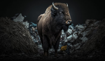 A bison stands near a pile of plastic with looking for food and accommodation, Concept of saving the world. Generative AI.の素材