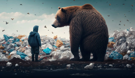 A giant bear with a huge pile of garbage. Generative AI.の素材