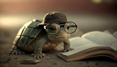 A turtle wearing glasses and a hat  reads books. Generative AI.の素材
