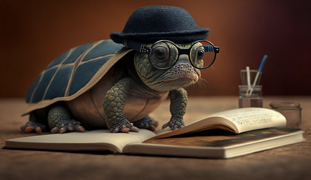 A turtle wearing glasses and a hat  reads books. Generative AI.の素材