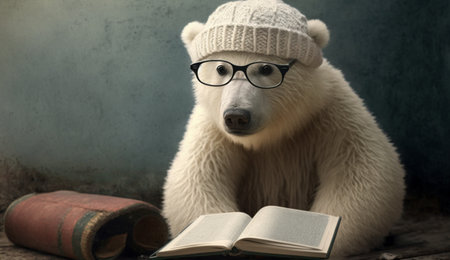 A white bear wearing glasses and a hat sits and reads books. Generative AI.の素材