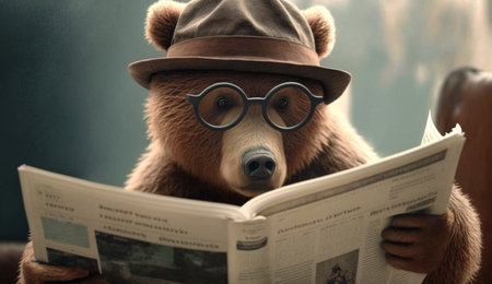 A bear wearing glasses and a hat sits and reads books. Generative AI.の素材