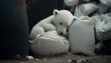 A white bear sleeps next to a pile of garbage among a pile of plastic waste, Concept of saving the world. Generative AI.の素材