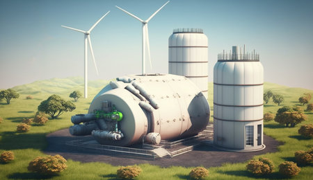 Hydrogen storage tank on small hill with mill turbines and solar power panel, Generative AI.の素材