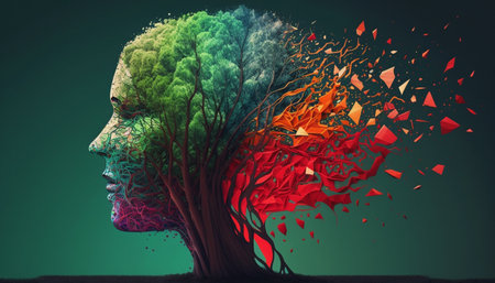 Beautiful illustration of the symbolic magic tree of life.The human brain bursts into colorful tree roots. Generative AI.の素材