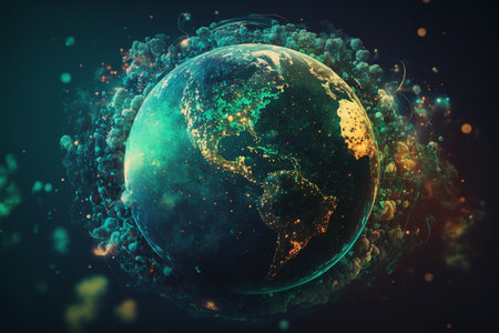 concept of saving the earth and energy Planet Earth with leaf texture and Milky Way as background with ecological connections, Generative AI.の素材