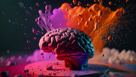 Artistic illustration of a human brain exploding with fantasy dust with knowledge and creativity. AI Generative.の素材