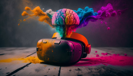 An artistic illustration of a human brain, VR glasses bursting with knowledge and creativity. Ai generative.の素材