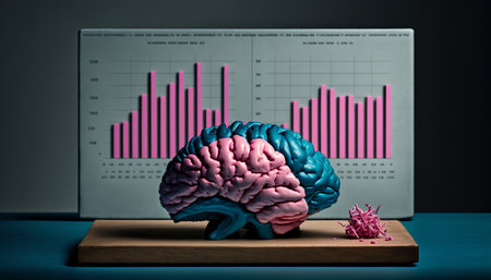 Illustration of human brain and graph future business , stock chart analysis to beat the market. Generative AI.の素材