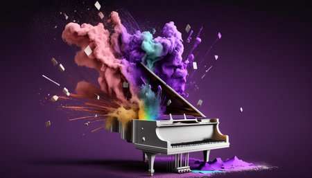 Beautiful fantasy piano isolated on dark background. Generative AI.の素材