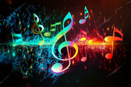 Abstract musical note symbol illustration,.green background. illustration of a human head with emotions, imagination and the human mind, Generative AI.の素材