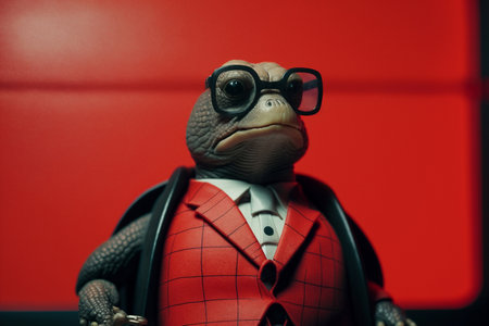 Portrait of a turtle with glasses and a formal red suit,preparing for an advertisement. generative ai.の素材