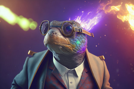 Chic turtle, coat, glasses, funny, fashion, wallpaper, poster. Generative AI.の素材