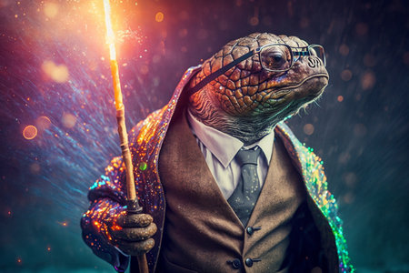 Chic turtle, coat, glasses, funny, fashion, wallpaper, poster. Generative AI.の素材