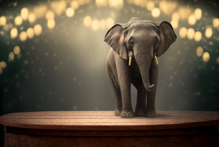 Elephant standing and staring forward on old wooden floor, bokeh background. Generative AI.の素材
