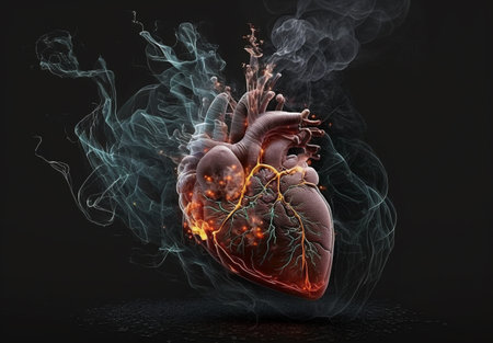 Heart on the dark background full of black smoke, with advanced 3D rendering. Generative AI.の素材