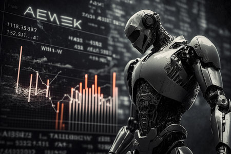Future business 3d technology robot and stock chart traders, stock chart analysis to beat the market. Generative AI.の素材