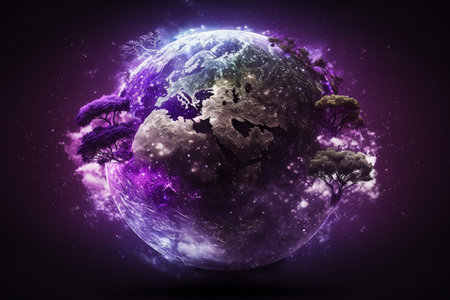 concept of saving the earth and energy Planet Earth with leaf texture and Milky Way as background with ecological connections.3d rendering. Generative AI.の素材