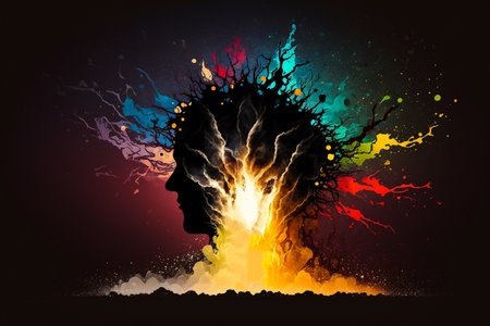 3D rendering made of human head morphed with fractal paint on the subject of inner world,  emotions, imagination and human mind.  Generative AI.の素材