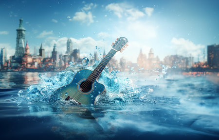 Acoustic guitar in fire and water high resolution acoustic guitar in fire and water Illustration for guitar concert poster.の素材