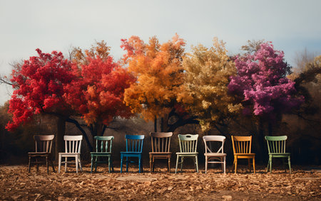 Colorful wooden chairs on the board contrast with the background of colorful flowers and trees.の素材