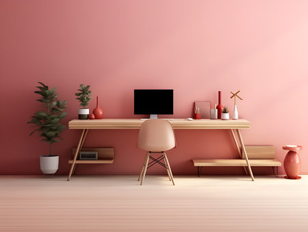 Interior design for a workspace with a computer monitor, desktop, and space for text.の素材