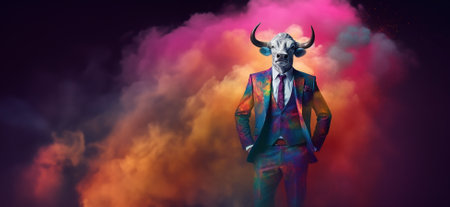 Front view of a bull wearing a suit standing animated burs. AI Generative.の素材