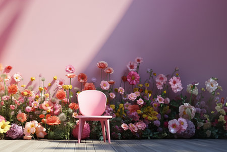 Wooden chair in flower garden. Generative AI.の素材