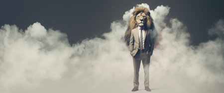 Front view of a lion wearing a suit standing animated burs. AI Generative.の素材