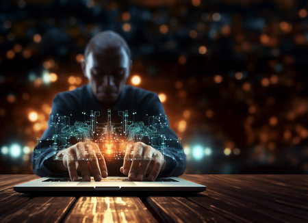 Businessman, artificial intelligence technology, keyboard, laptop, innovation, modern businessman. Generative AI.の素材