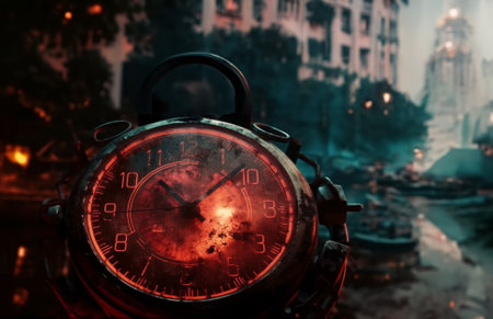 time concept Silhouette of hourglass and old vintage wooden clock with arrows and smoke on dark background and symbol of time.の素材