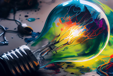 watercolor painting of creative and inspirational light bulb Electric power technology innovation. 3D concept. Generative Ai.の素材
