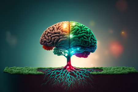 Beautiful illustration of the symbolic magic tree of life.The human brain bursts into colorful tree roots. Generative AI.の素材