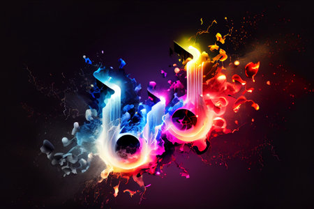 Abstract musical note symbol painting, dark background. Generative AI.の素材