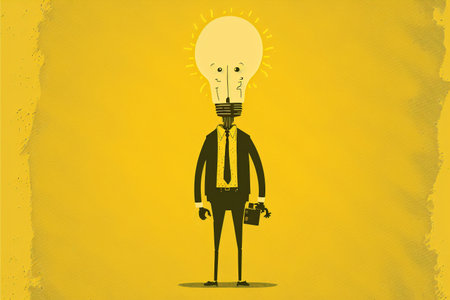 Man with a light bulb head on  yellow  background. Hand drawn doodle stickman. Idea and creativity concept. Generative AI.の素材