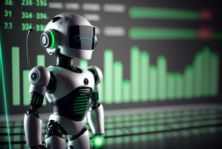 Future business 3d technology robot and stock chart traders, stock chart analysis to beat the market. Generative AI.の素材