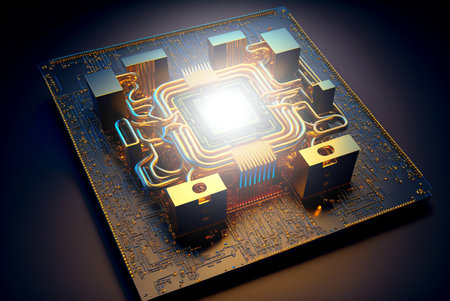 Micro CPU on circuit board with yellow lighting 3D. Generative Aiの素材